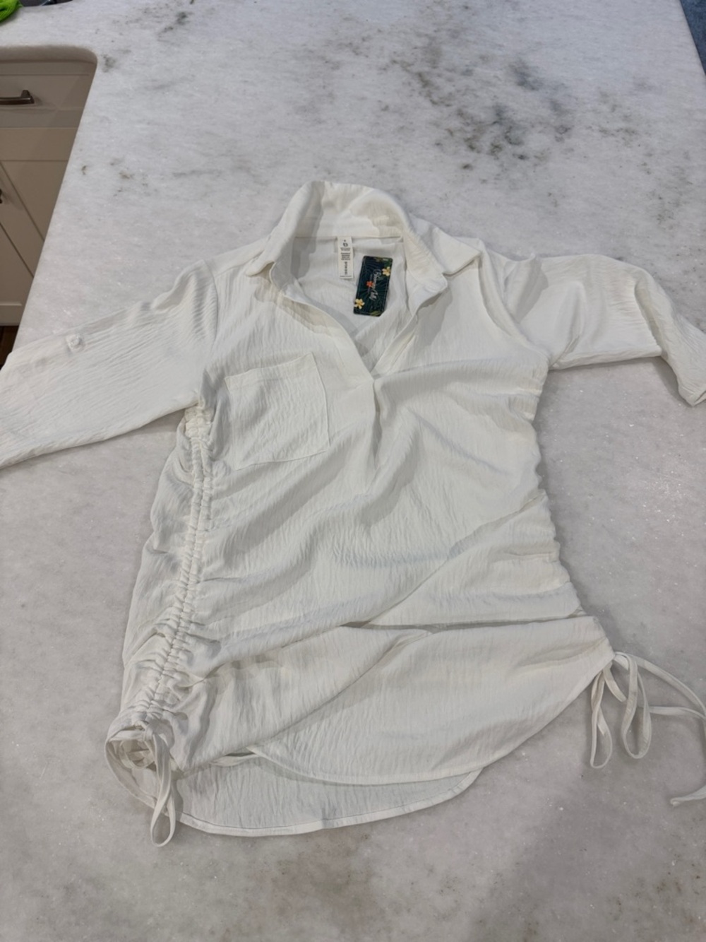 White Collared Ruched-Side Women's Swim Coverup